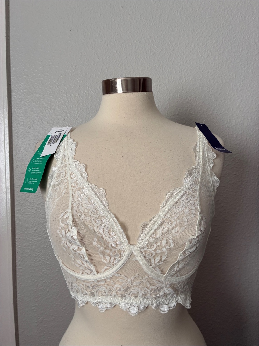 NEW Leonisa Sheer Floral Lace Longline Underwire Bralette Bra 34B Bustier Ivory